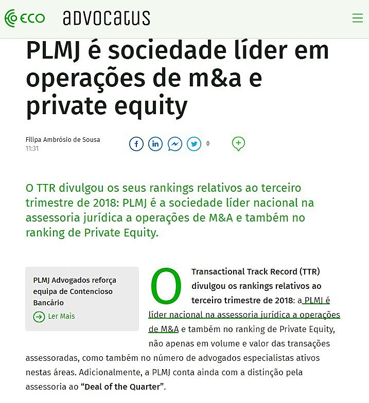 PLMJ  sociedade lder em operaes de m&a e private equity